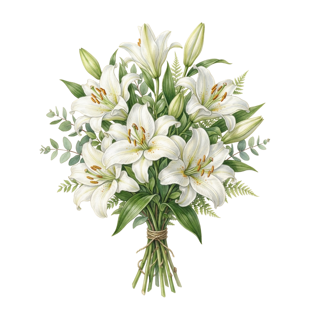 A detailed illustration of a bouquet of white lilies with green leaves and stems tied together with twine