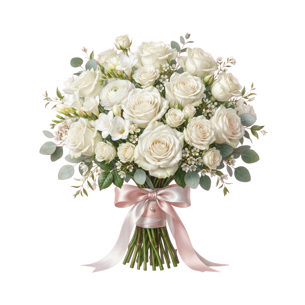 A beautifully arranged bouquet of white roses tied with a pink ribbon