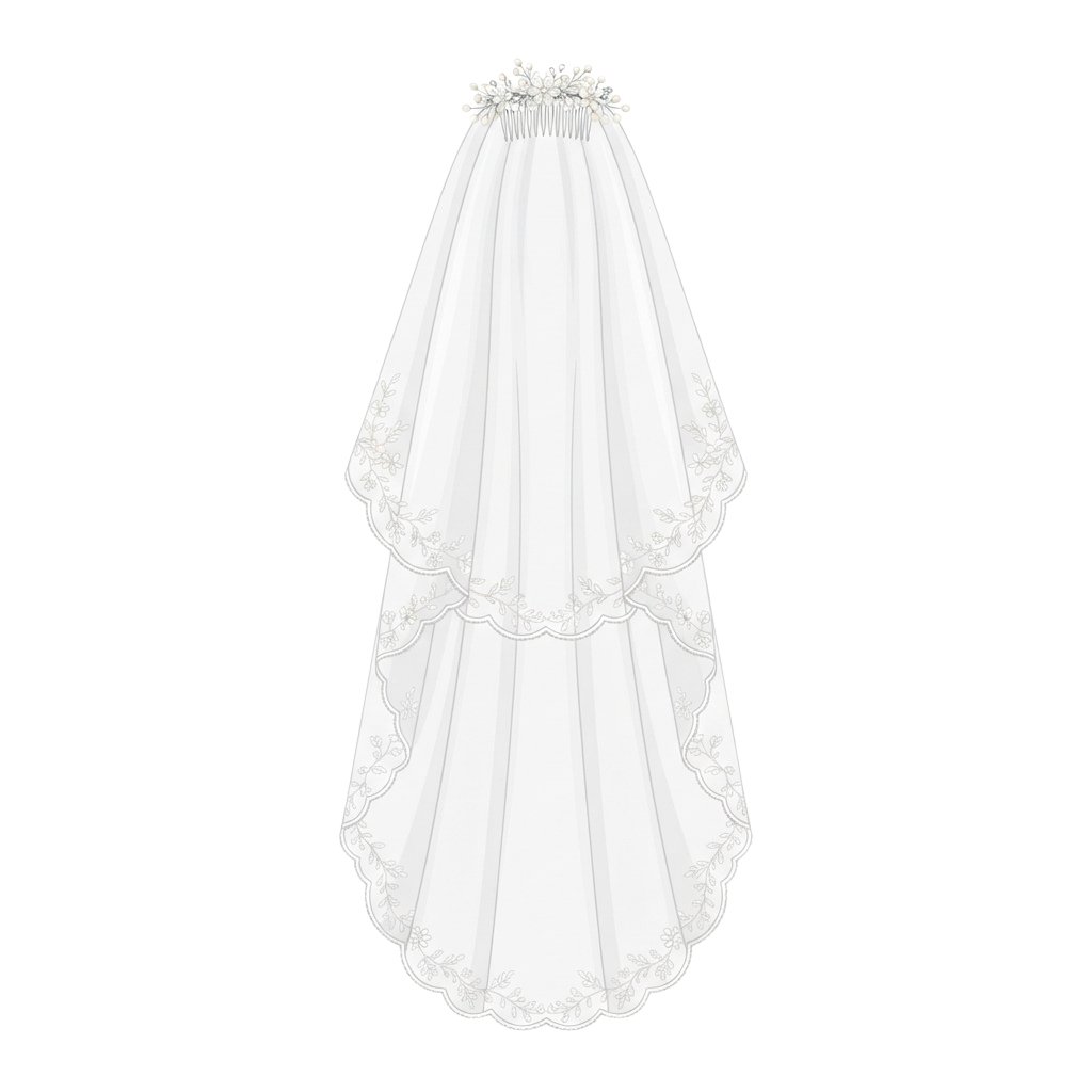 A white wedding veil featuring delicate floral embroidery and scalloped lace edges.