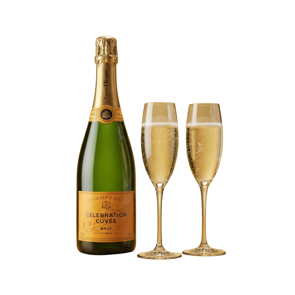 Bottle of champagne with two filled champagne flutes beside it on a black background