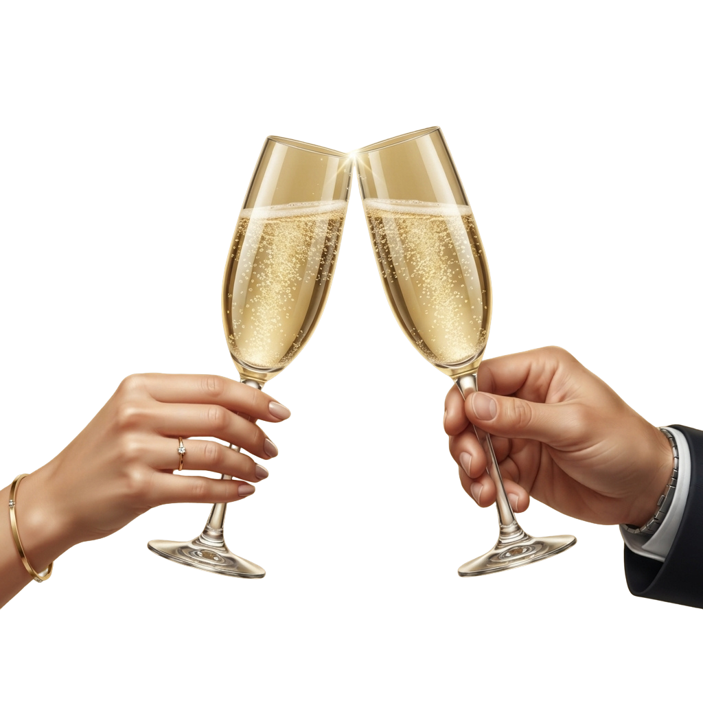 Two people clinking champagne flutes in a celebratory toast