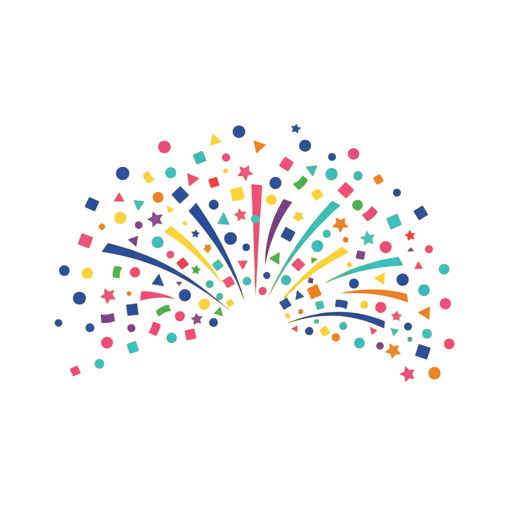 A vibrant fireworks explosion with colorful shapes like stars, circles, and squares bursting in the night sky
