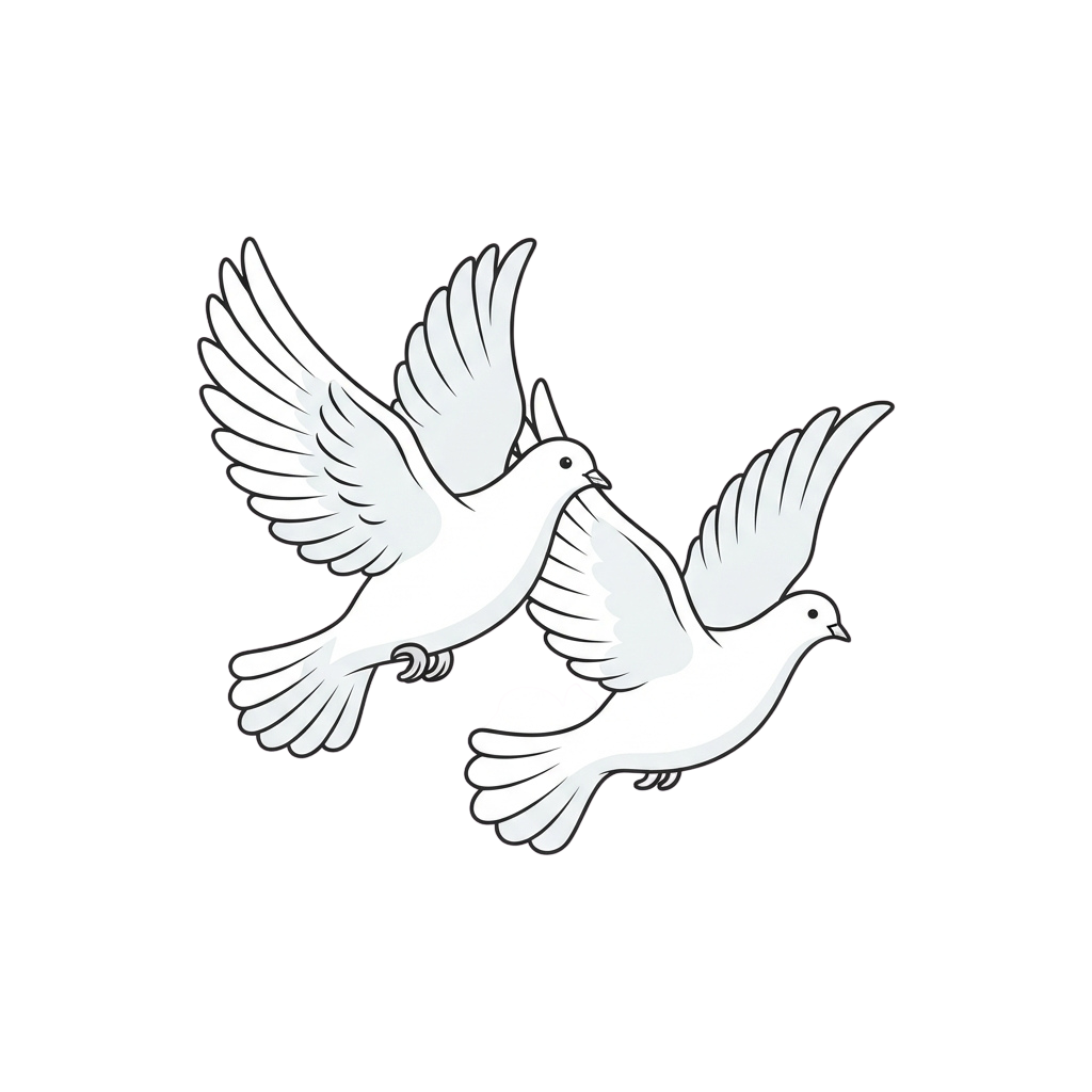 Two white doves in flight against a black background symbolizing peace