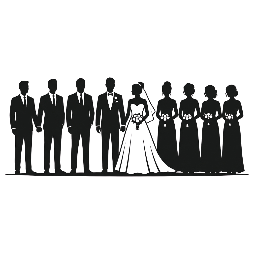 Silhouettes of a group of people in formal attire at an event, with one person in a long dress.