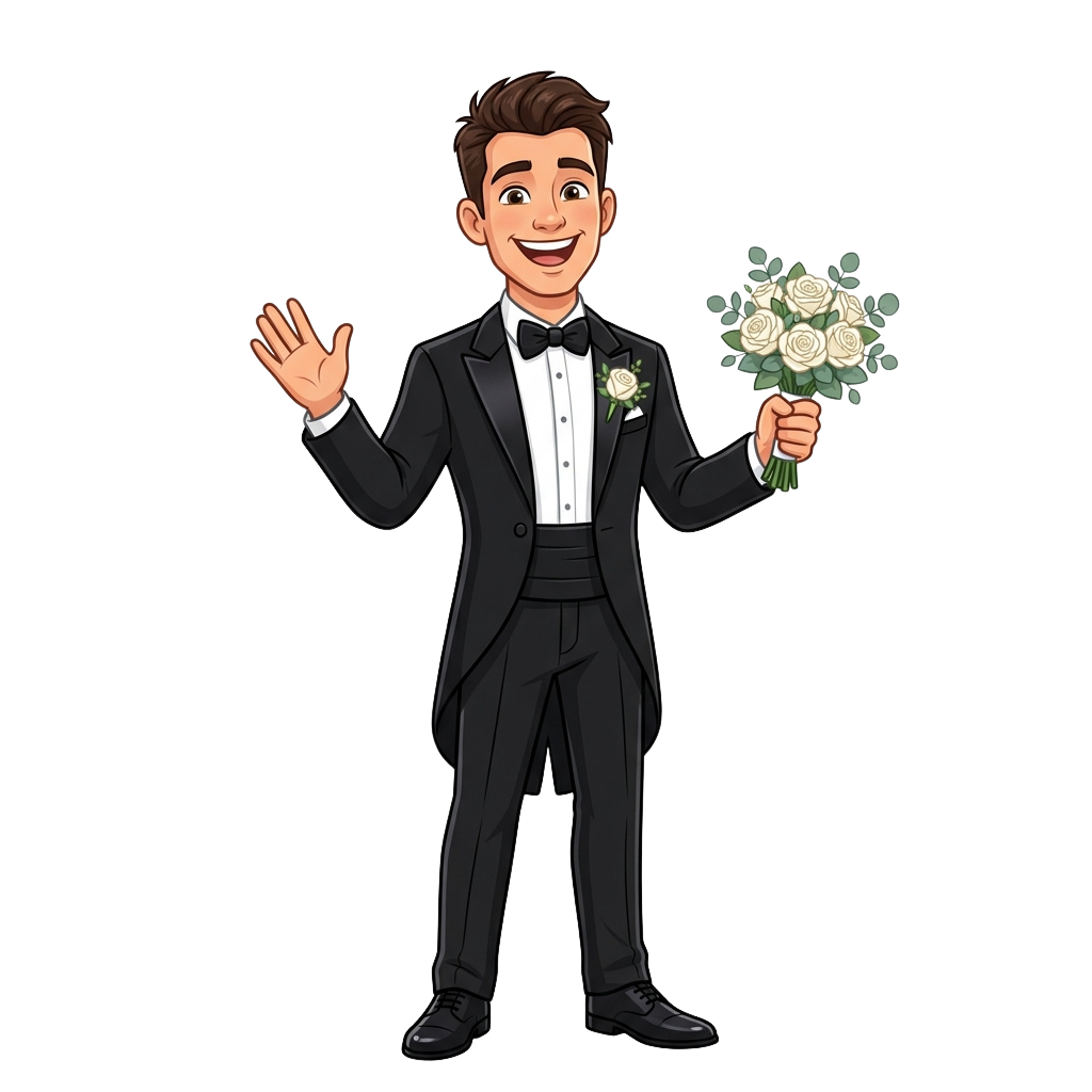 Cartoon groom in tuxedo waving one hand while holding a bouquet of white roses