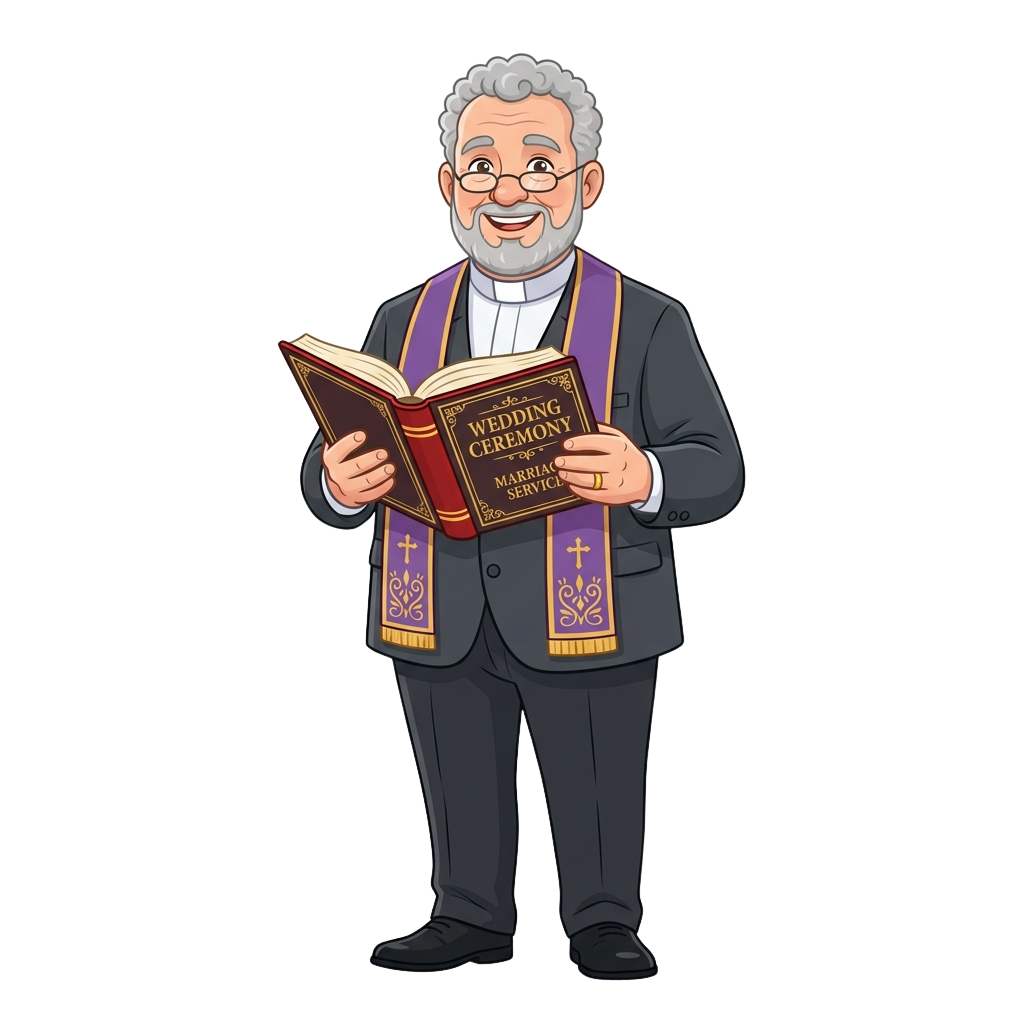 Smiling cartoon priest in clerical attire holding an open wedding ceremony book