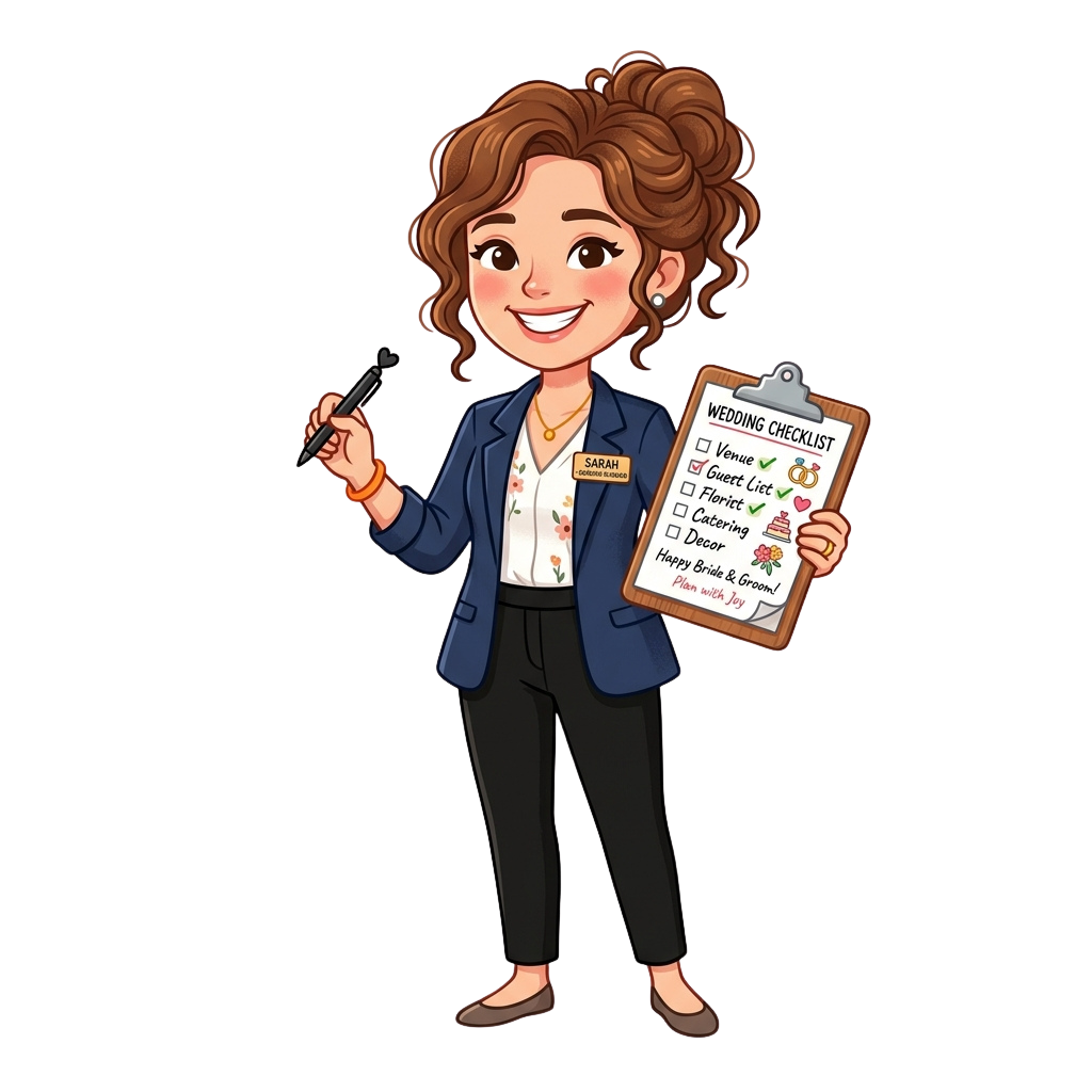 Illustration of a smiling wedding planner holding a clipboard with a wedding checklist and pen