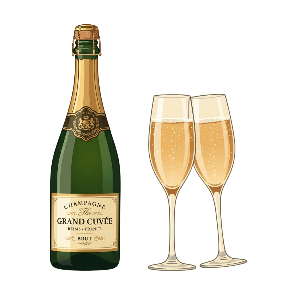 Illustration of a green champagne bottle and two champagne flutes filled with bubbly liquid