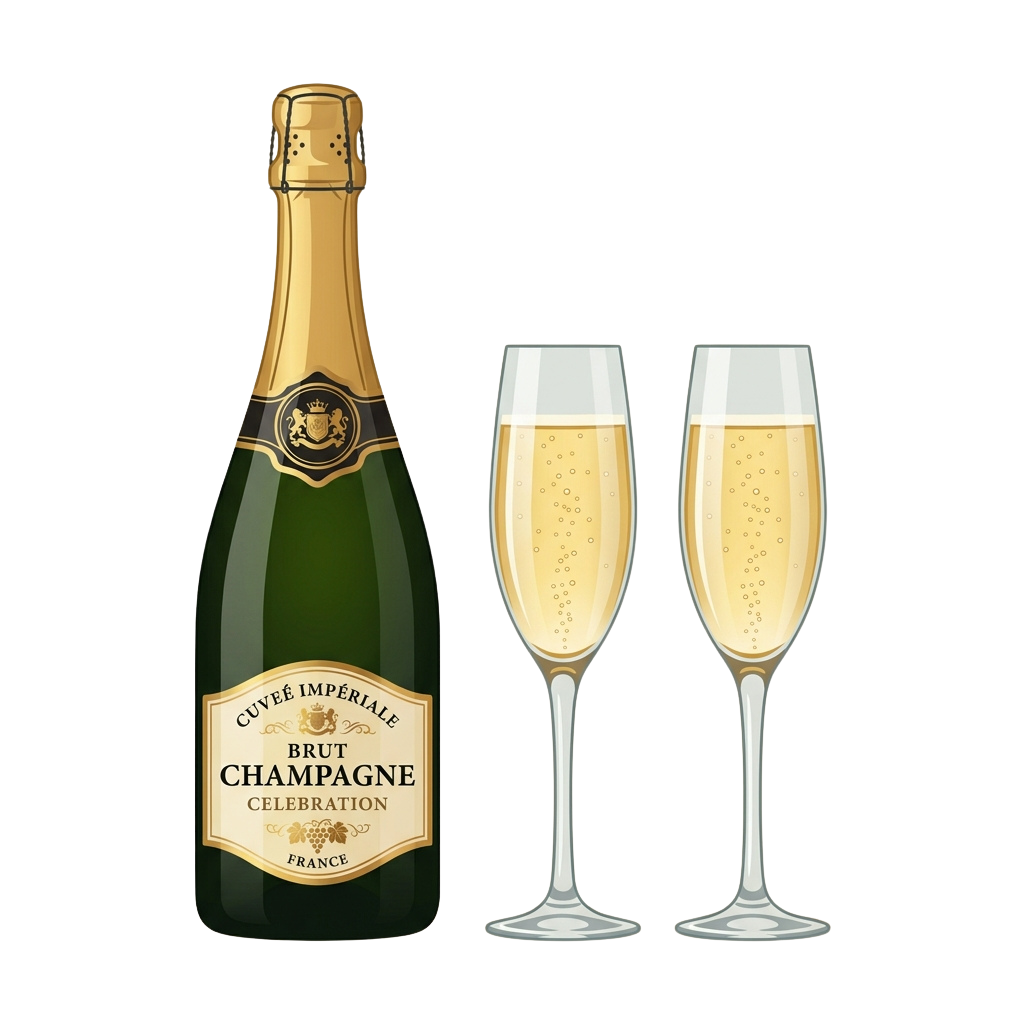 Illustration of a green champagne bottle and two champagne flutes filled with bubbly liquid