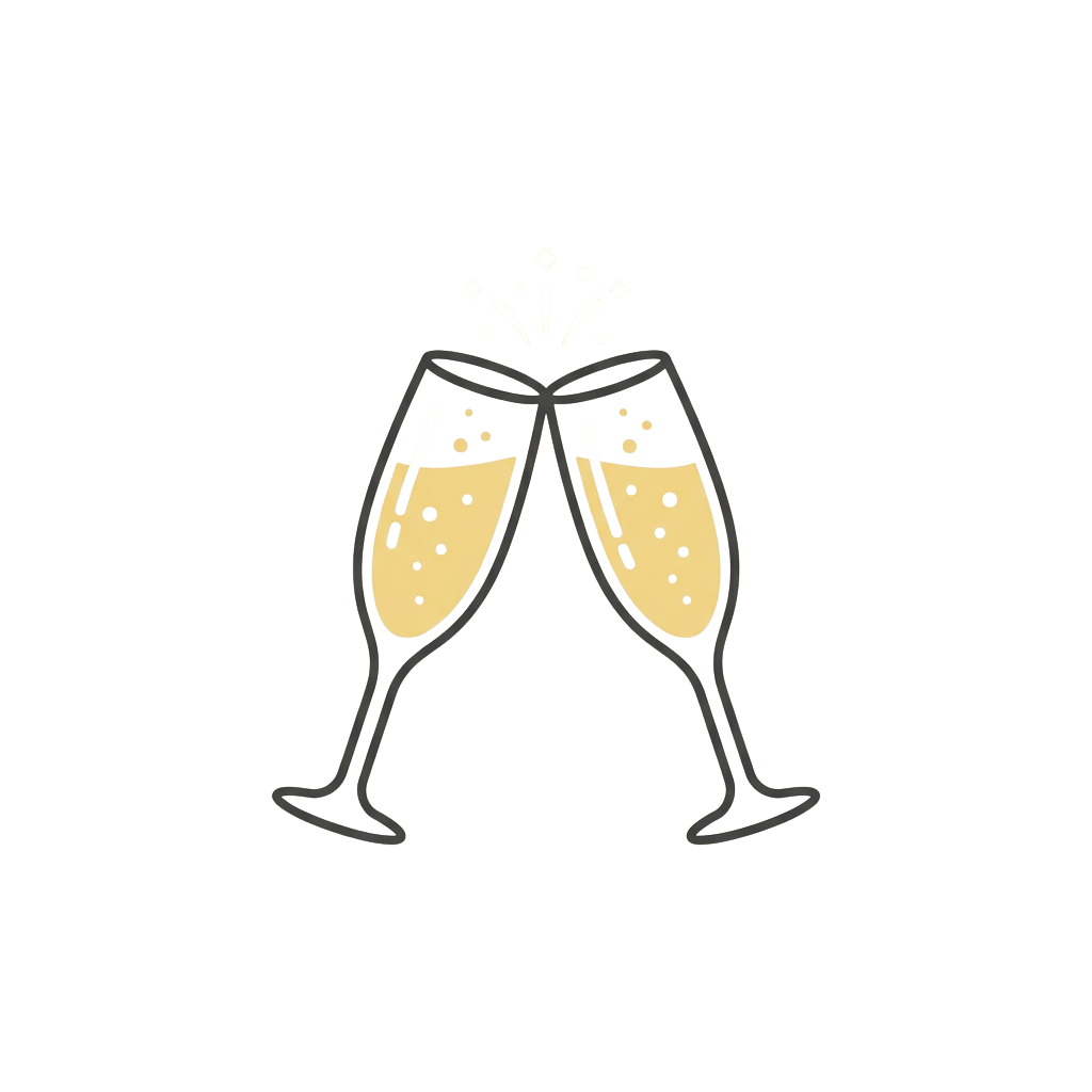 Two champagne flutes clinking together with bubbles and a sparkler effect at the top