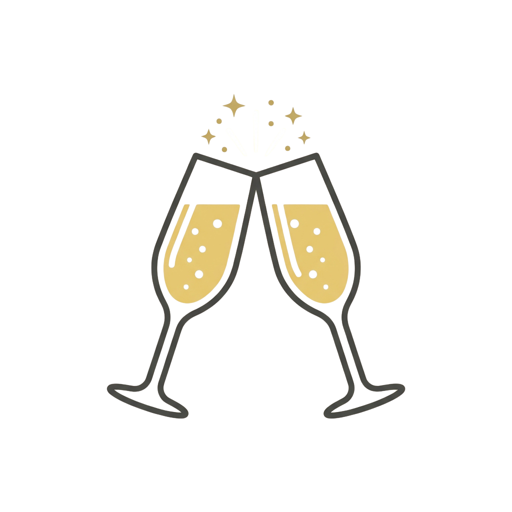 Two champagne flutes clinking with bubbles and sparkling stars above them