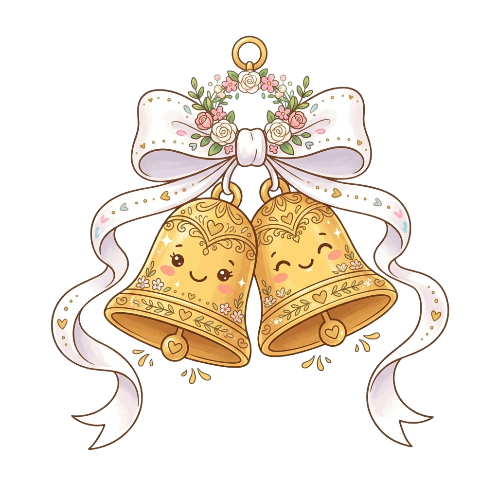 Two smiling golden bells tied with a decorative white bow adorned with flowers and hearts