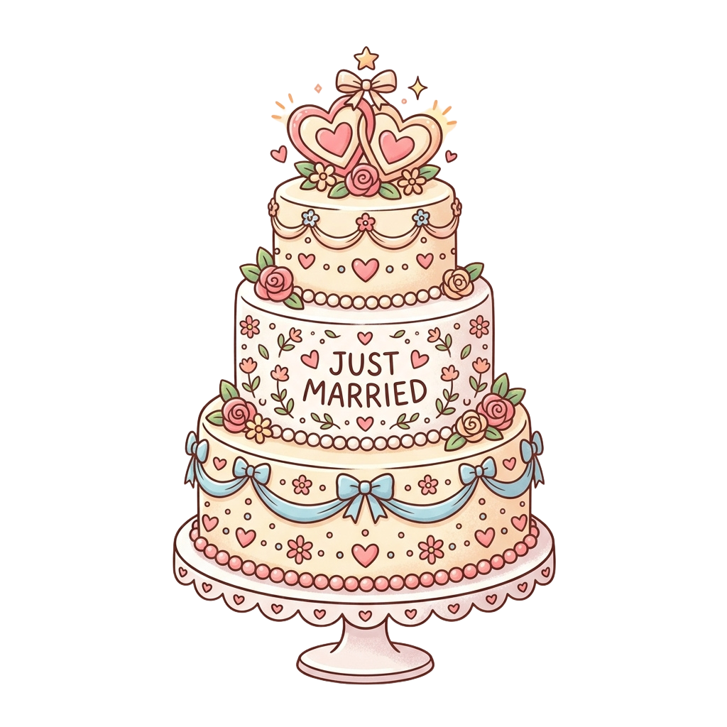 A three-tiered wedding cake with Just Married written on the middle tier, decorated with hearts, flowers, and ribbons