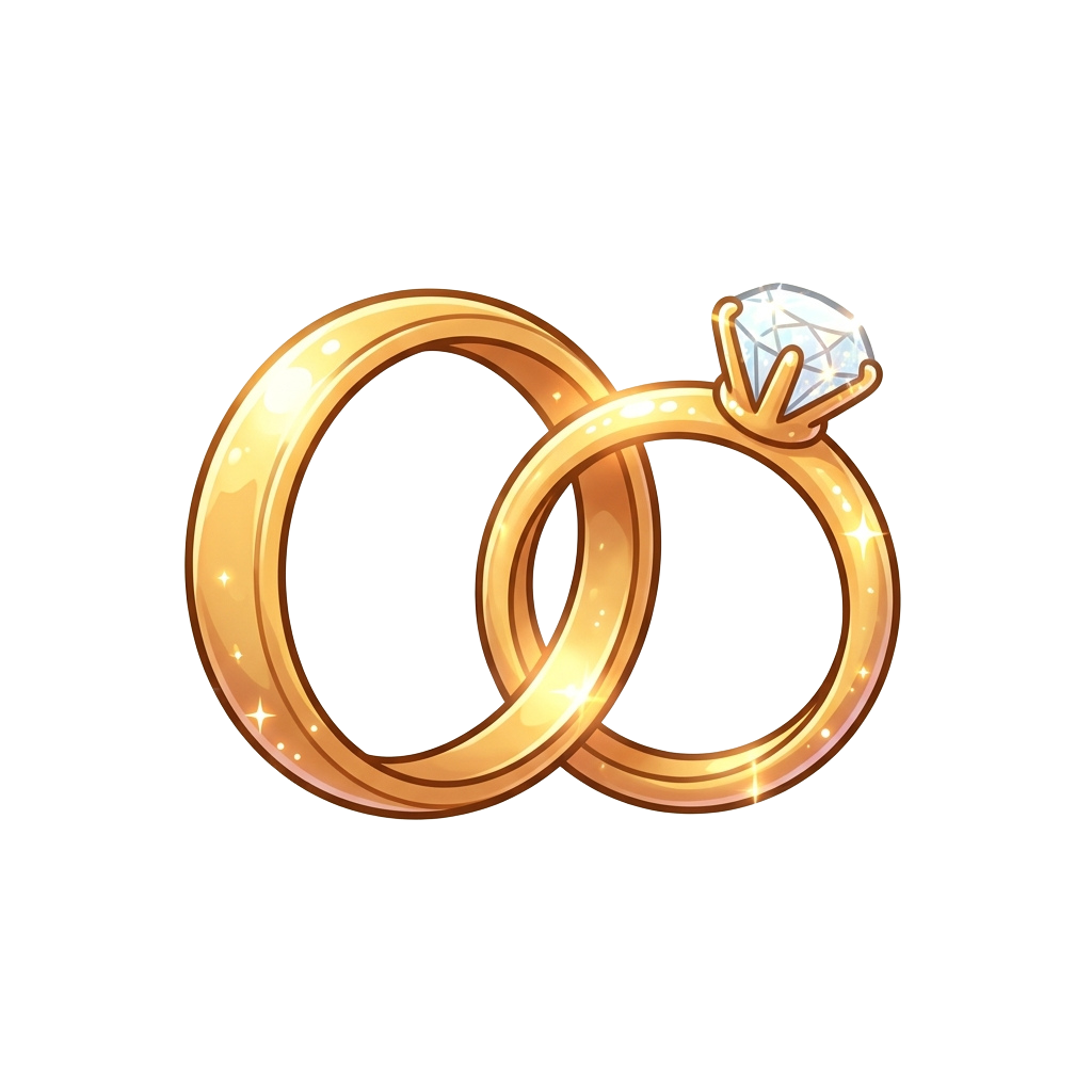 Two golden rings with a sparkling diamond on one ring, symbolizing an engagement.
