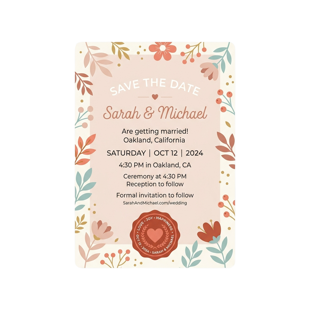 Save the date card for a wedding in California on October 12, 2024, featuring floral designs and event details.