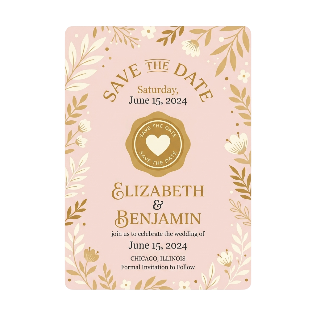 A pastel wedding save the date card featuring floral borders, heart emblem, and June 15 2024 date for Elizabeth and Benjamin