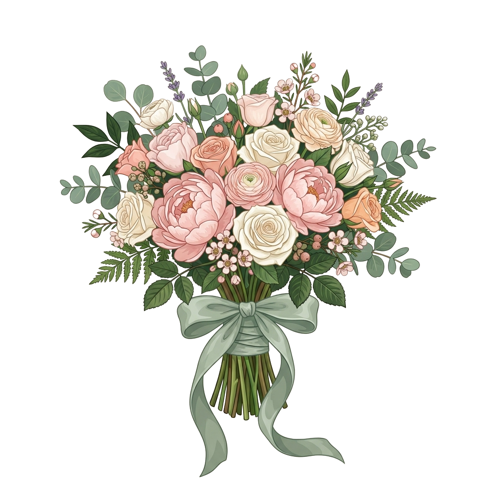 A beautifully arranged bouquet of pastel roses and greenery tied with a soft green ribbon