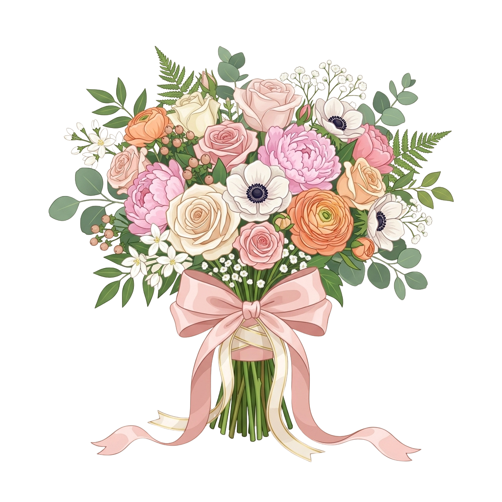 A beautifully arranged bouquet of pastel roses, peonies, and greenery tied with a soft pink ribbon.