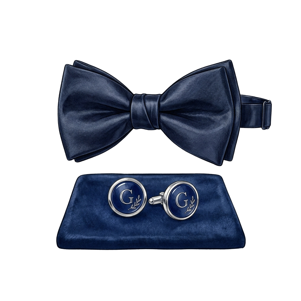 A dark blue velvet bow tie paired with matching cufflinks featuring a monogram G design on a blue velvet tray