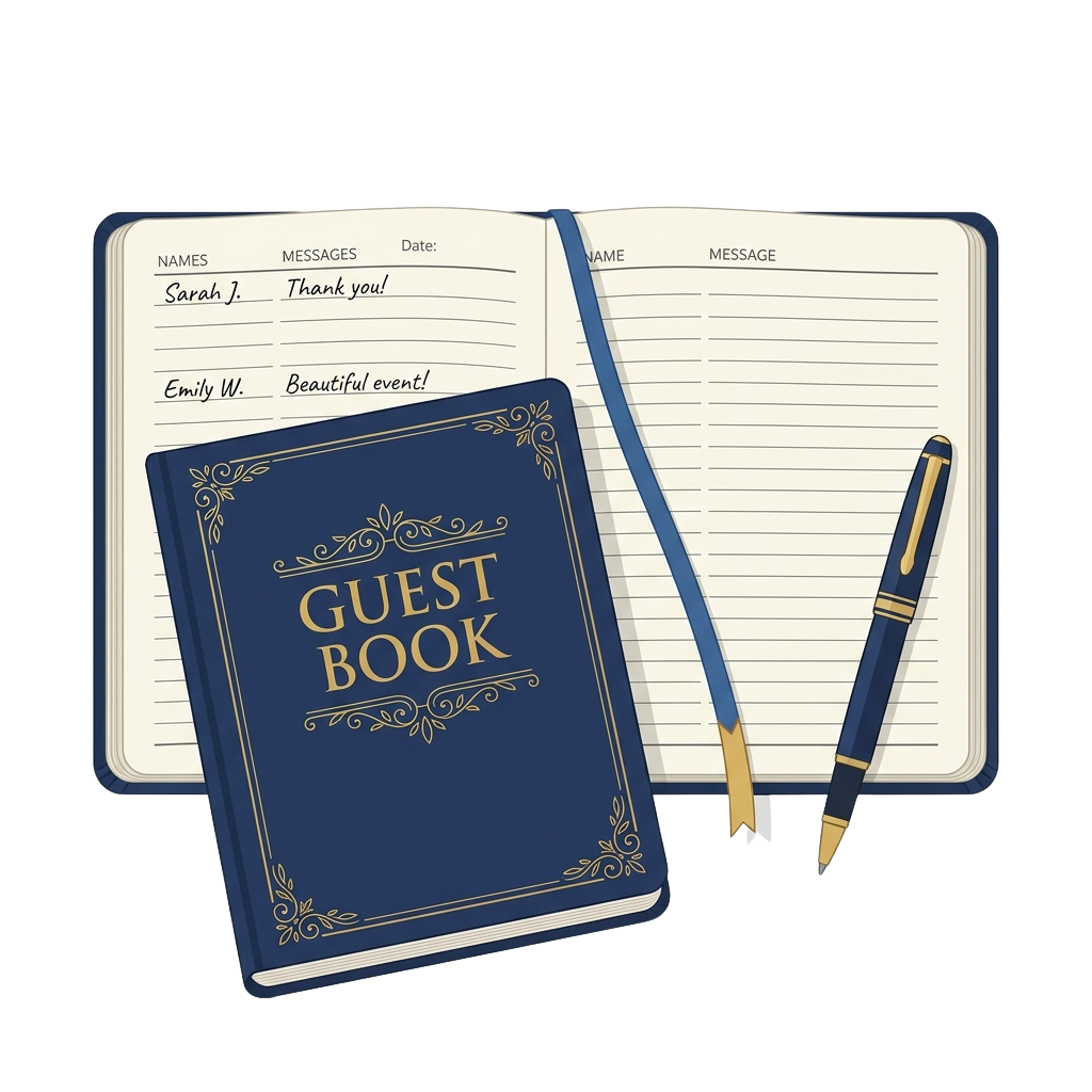 A decorative guest book with a pen and lined notebook pages showing sample entries