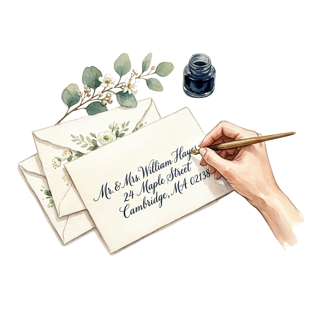 Illustration of a hand writing an address on a cream envelope with floral design, quill pen, and ink bottle beside a leafy branch.