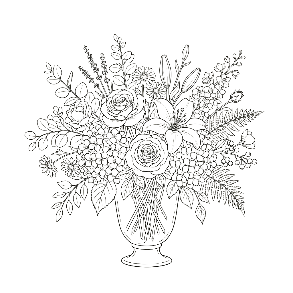 Intricate blackwork embroidery of a floral arrangement in a vase with ferns and roses