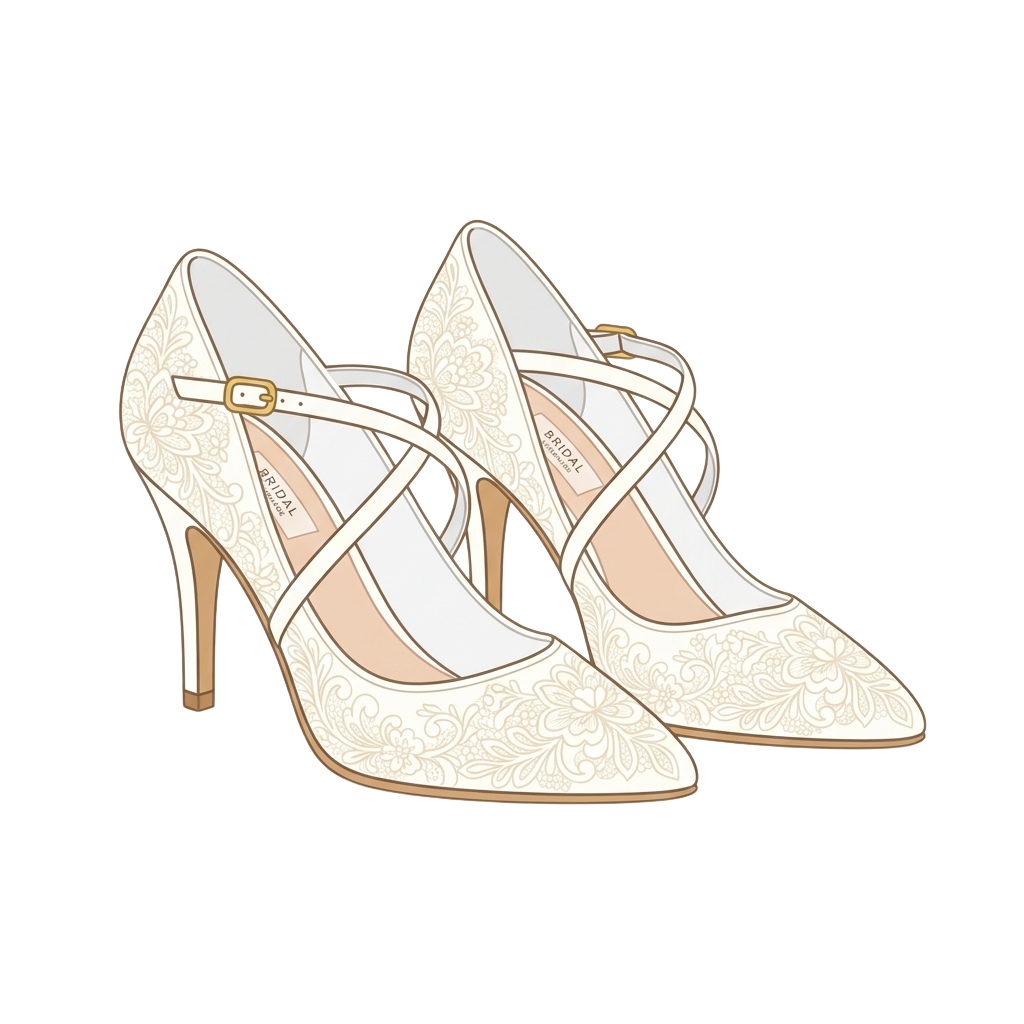 A pair of white high-heeled shoes with floral patterns and crisscross straps