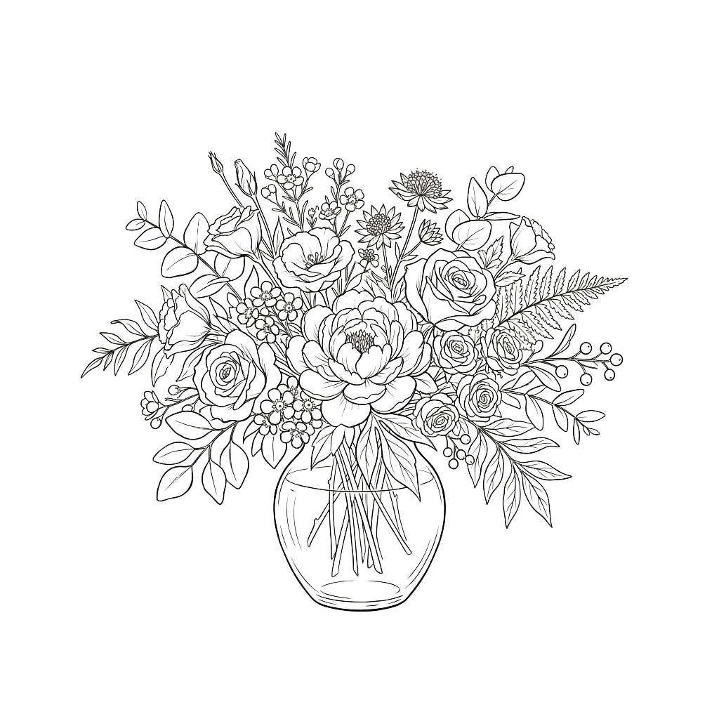 Intricate black and white line drawing of a floral bouquet in a vase with detailed leaves and petals
