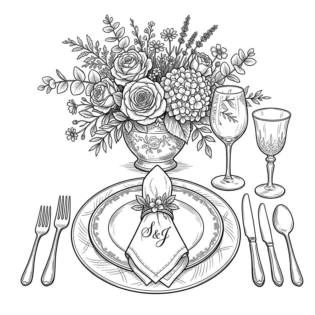 A black and white illustration of a table setting with floral centerpiece, wine glasses, plates, and cutlery.