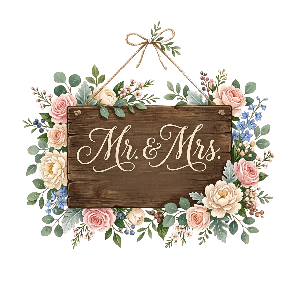 Wooden sign with Mr and Mrs text surrounded by flowers and greenery, tied with twine