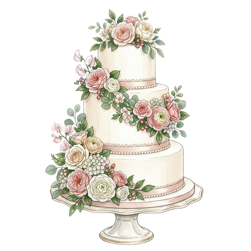 A beautifully decorated three-tiered wedding cake adorned with roses and greenery on each level.