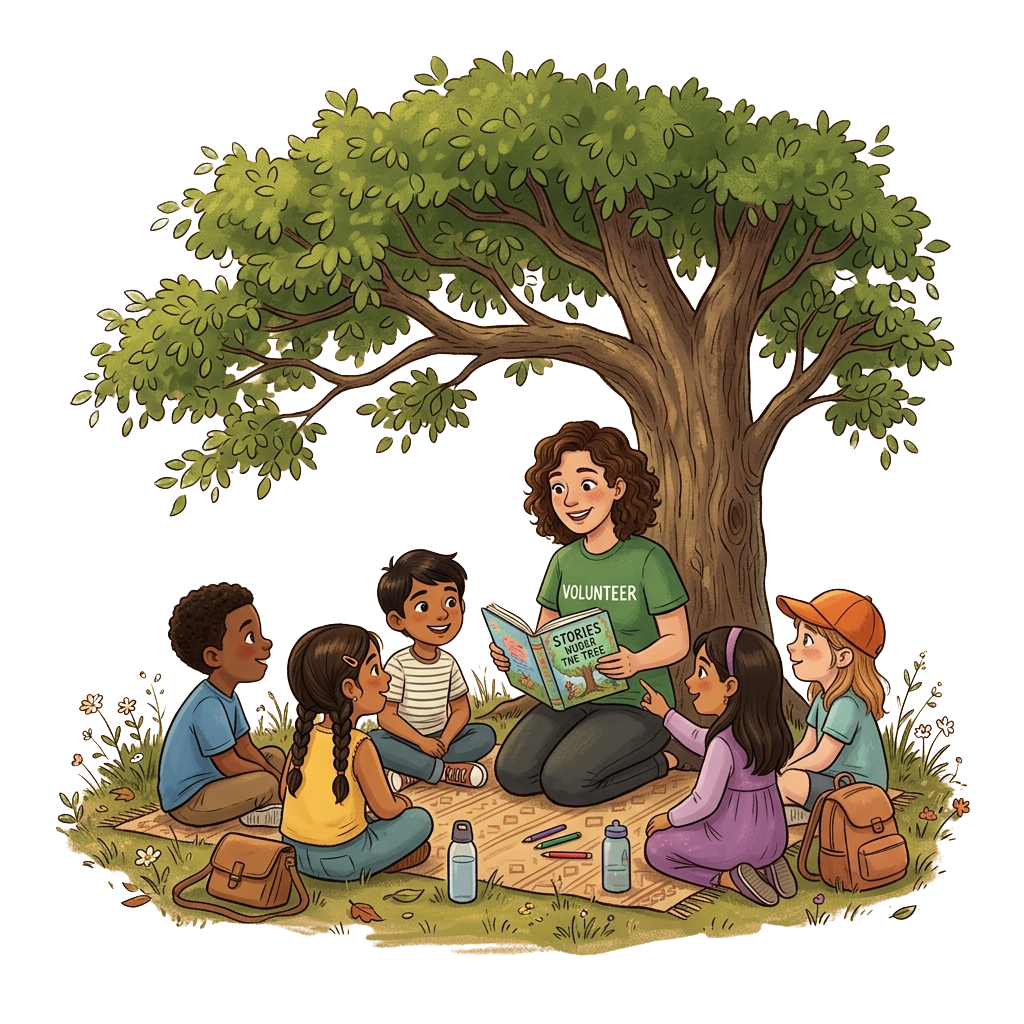 Volunteer reading a book to five engaged children sitting on a blanket under a tree outdoors