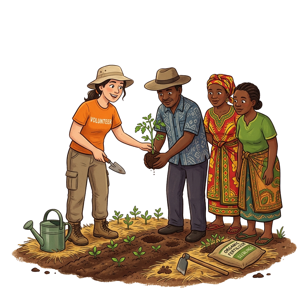 Volunteer and three people planting a small tree together in a garden plot with seedlings and gardening tools.