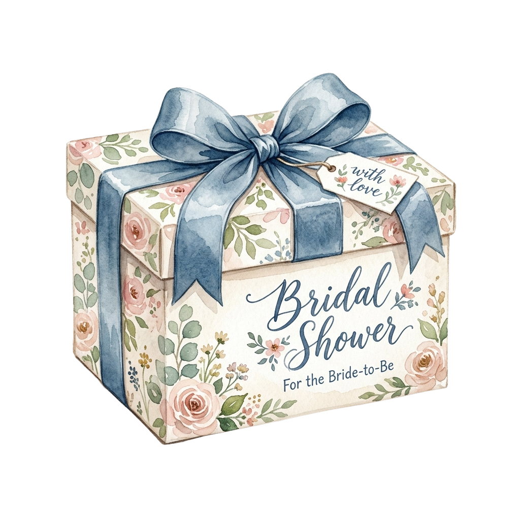 A decorative gift box labeled Bridal Shower for the Bride-to-Be with a blue ribbon and floral pattern