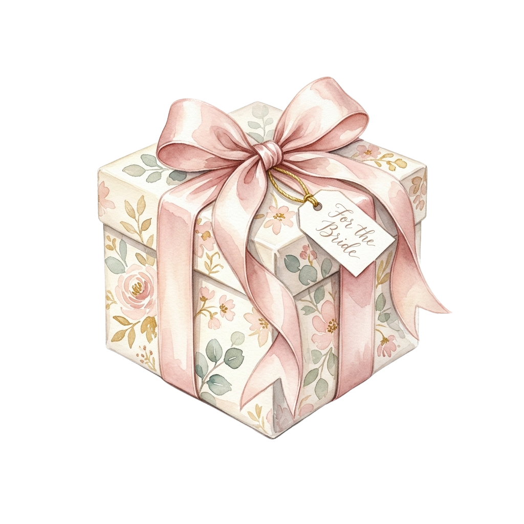 A beautifully wrapped gift box with pink ribbon and floral design, labeled For the Bride