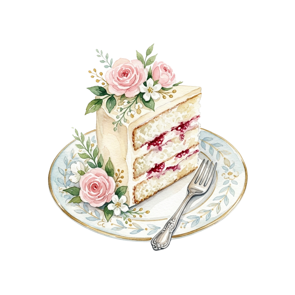 A slice of layered vanilla cake with raspberry filling, floral decorations, and a fork on a decorative plate