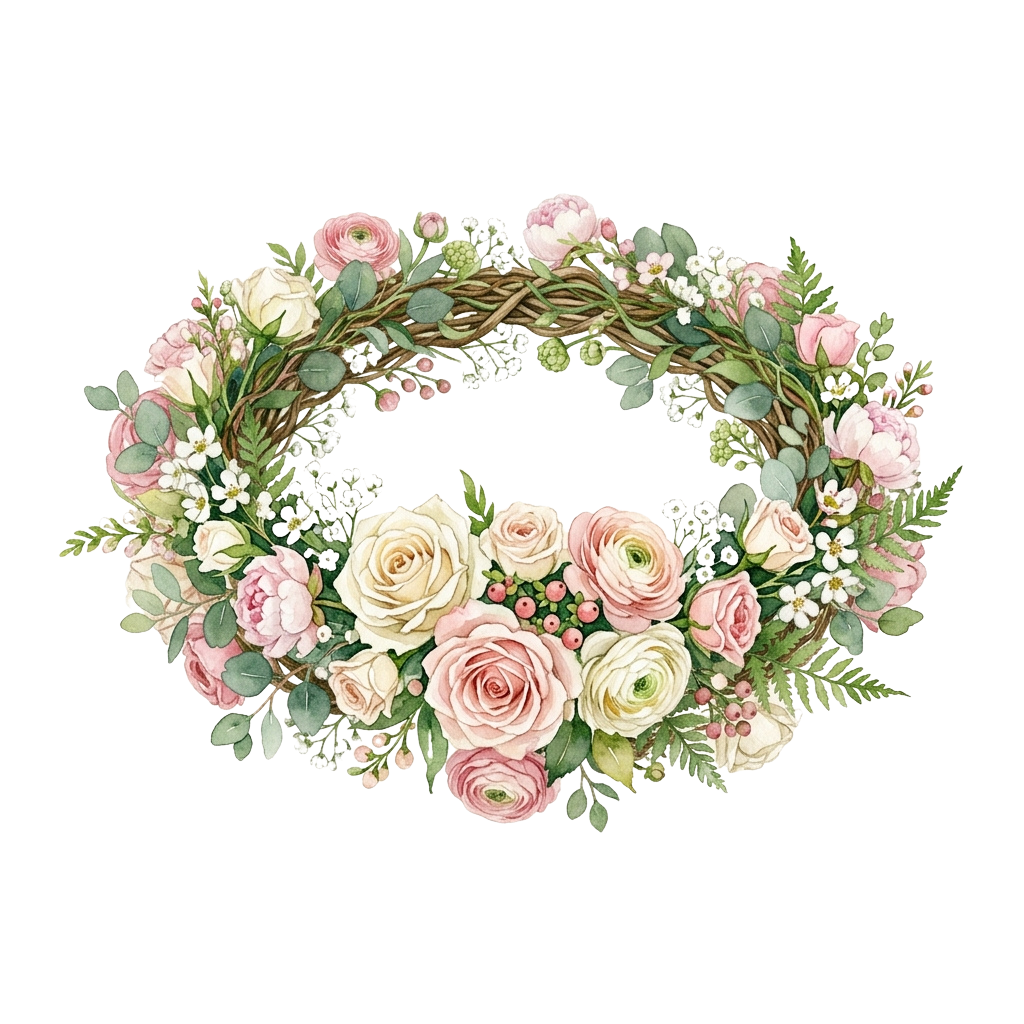 A decorative floral wreath featuring light pink roses, white flowers, greenery, and delicate lace accents on a dark background