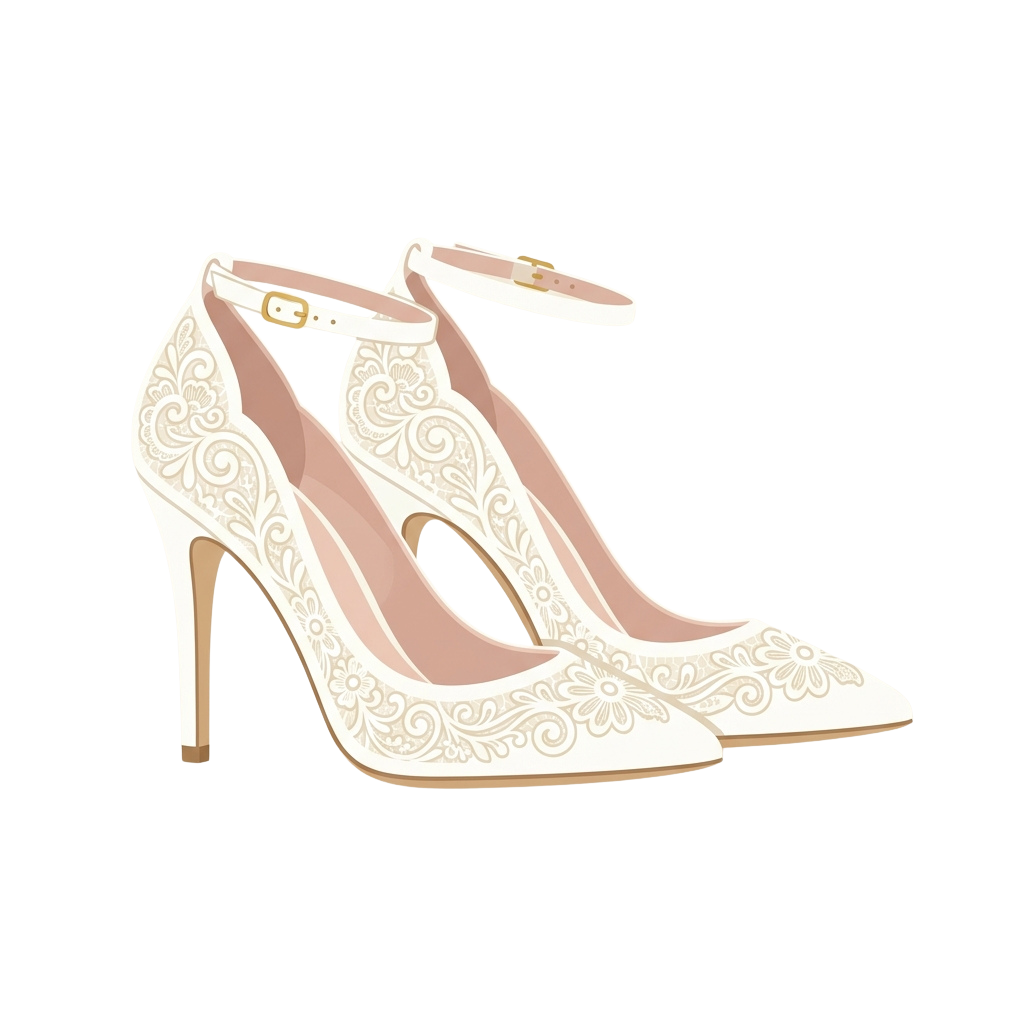A pair of light pink high-heeled ankle strap shoes with intricate floral embroidery design