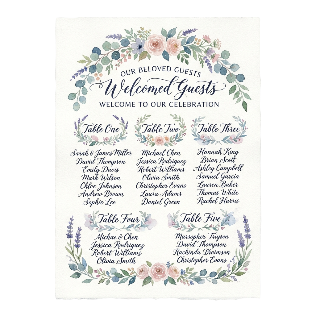Elegant wedding seating chart featuring five tables with floral wreaths and guest names listed under each table heading.