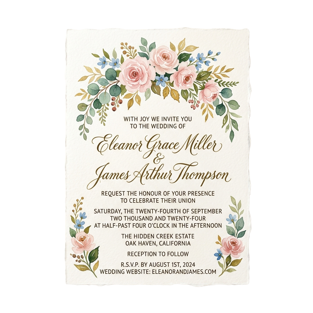 Watercolor wedding invitation featuring floral designs and text inviting guests to a ceremony