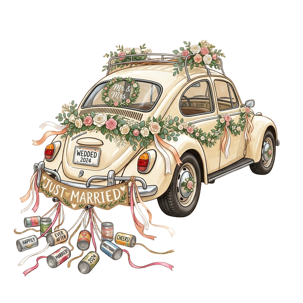 Illustration of a decorated vintage car with Just Married sign and wedding flowers