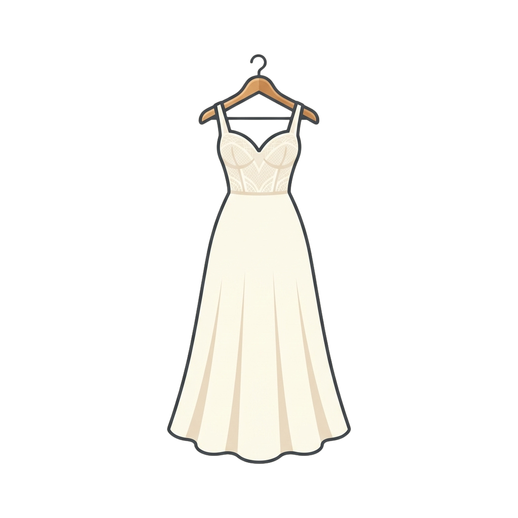 A white ball gown with a corset-style bodice and a flared skirt hanging on a wooden hanger against a black background