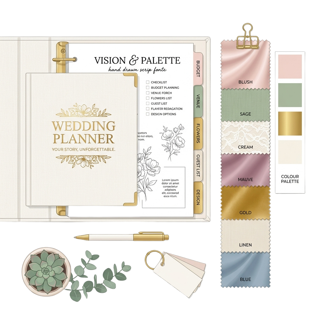 A wedding planner notebook with gold accents, pens, small potted succulent, fabric swatches, and a color palette guide