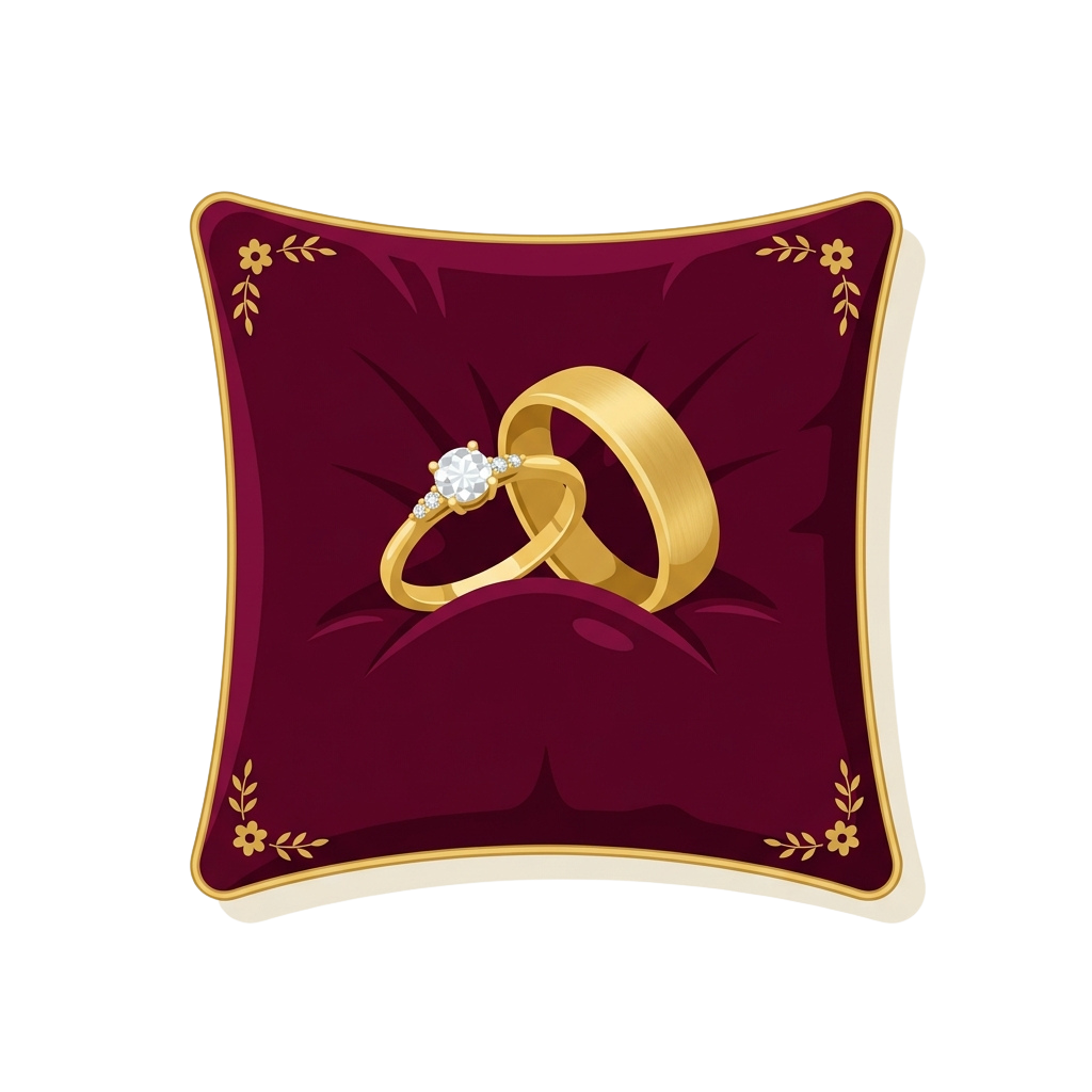 Square decorative pillow featuring two interlocking gold wedding rings with a diamond detail on a maroon background with floral borders