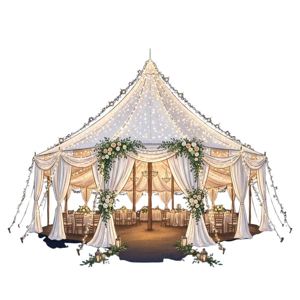 Illustration of a beautifully decorated wedding tent with floral garlands, string lights, and draped fabric