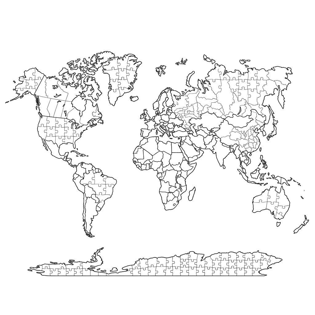 A black and white world map split into numerous puzzle pieces across continents and oceans