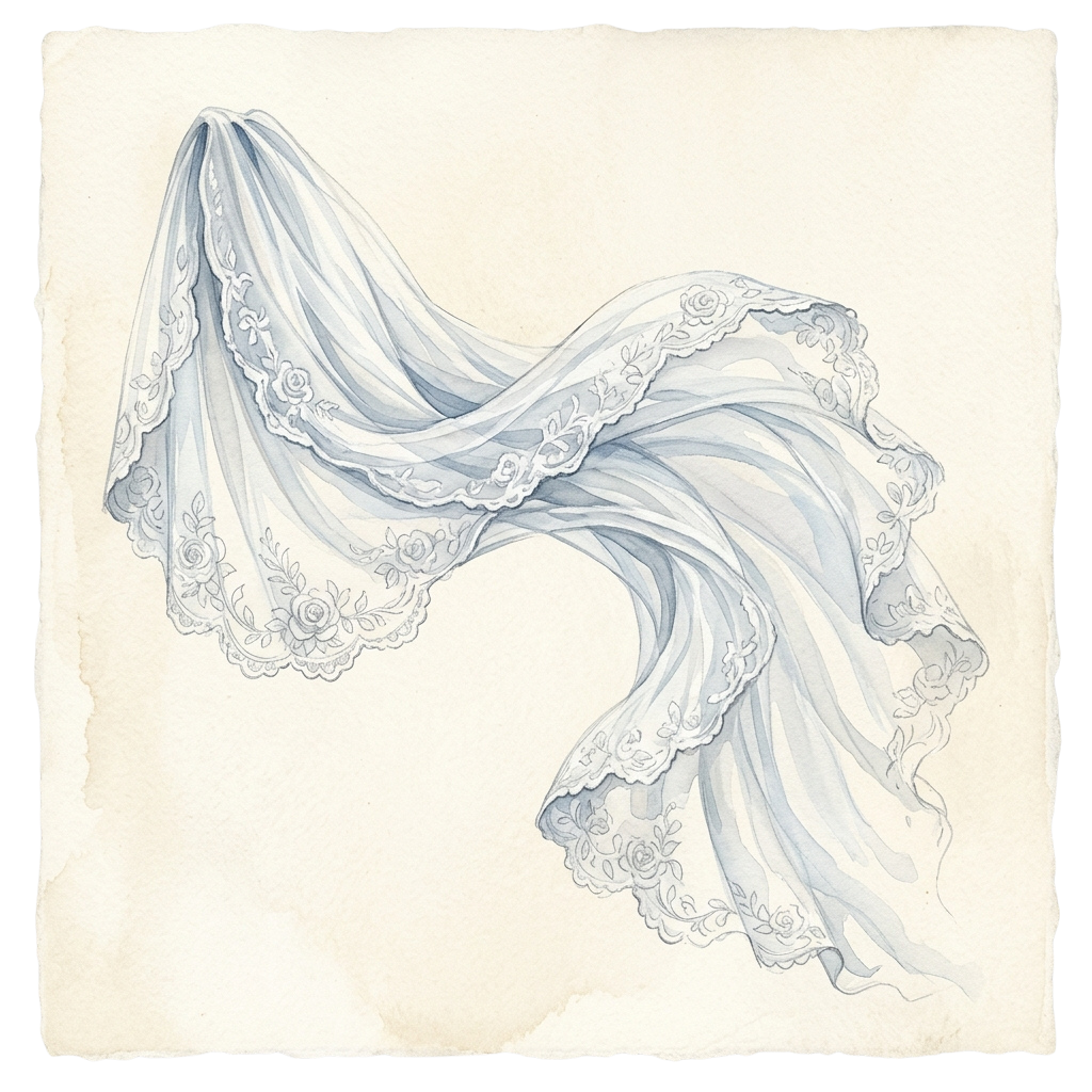 Illustration of flowing blue lace veil fabric with floral lace trim