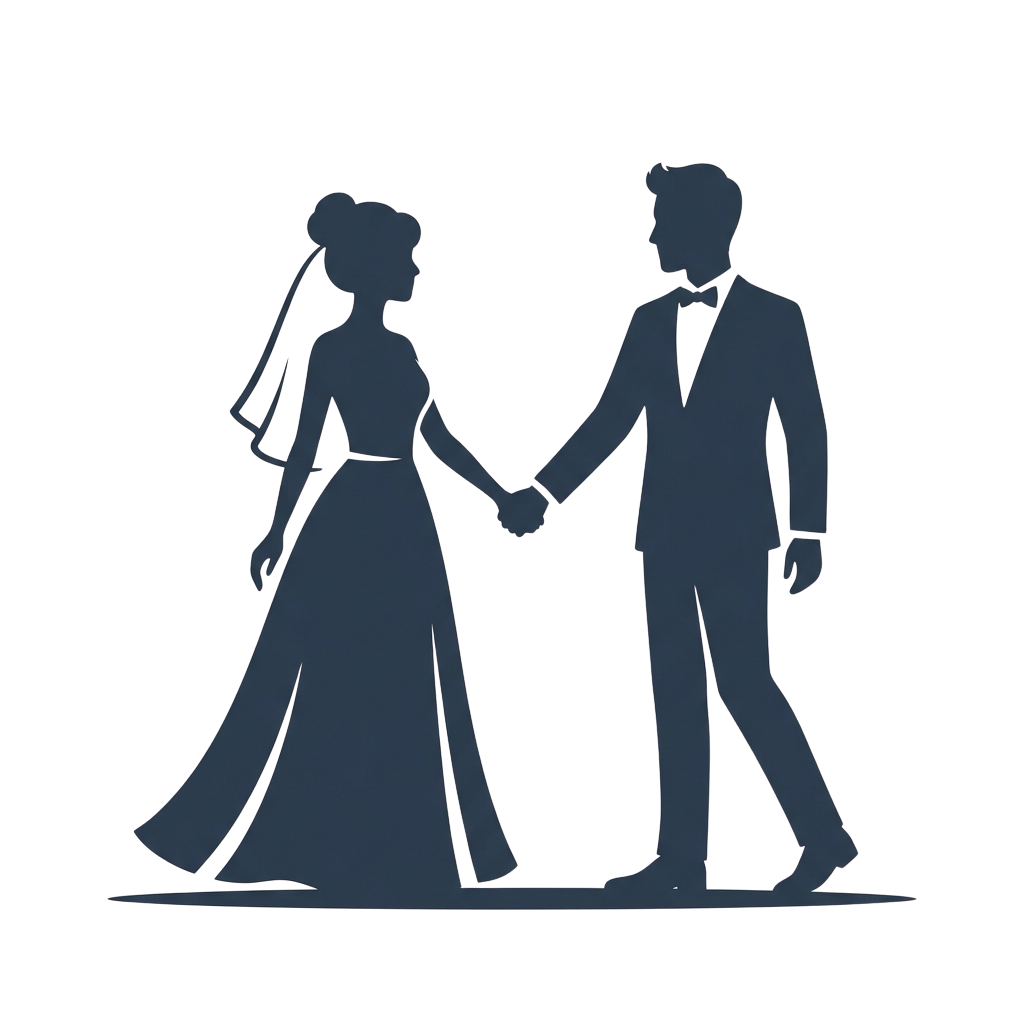 Silhouette of a bride and groom holding hands in formal wedding attire