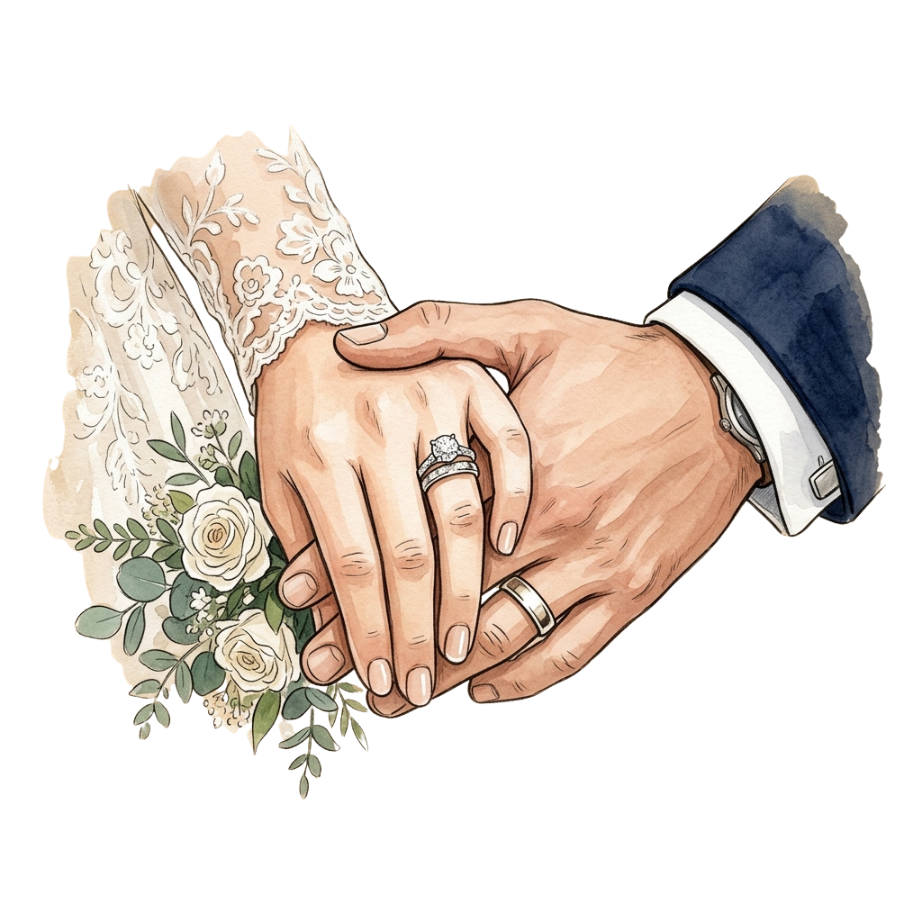 Illustration of two hands holding each other with wedding rings and a small bouquet of flowers