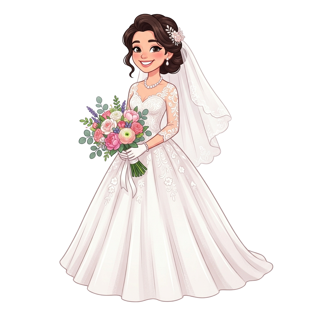A smiling bride in a white wedding gown holding a bouquet of pink and white flowers